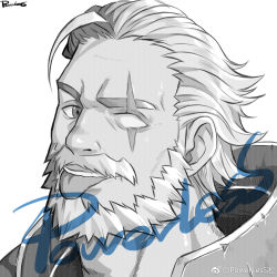 Rule 34 | 1boy, :p, bara, beard, blind, blue theme, eyebrow cut, facial hair, greyscale, highres, looking at viewer, male focus, mature male, monochrome, old, old man, overwatch, overwatch 1, portrait, powerlesssong, reinhardt (overwatch), scar, scar across eye, scar on face, short hair, solo, thick eyebrows, tongue, tongue out, weibo logo, weibo username