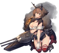 Rule 34 | 1girl, anchor, black skirt, boots, breasts, brown hair, capelet, chain, cleavage, coat, fire, full body, gloves, green eyes, headband, kantai collection, kneeling, large breasts, looking to the side, machinery, midriff, mutsu (kancolle), mutsu kai ni (kancolle), official art, pleated skirt, red thighhighs, rigging, shizuma yoshinori, short hair, simple background, skirt, smoke, solo, striped clothes, striped skirt, thigh boots, thighhighs, torn clothes, transparent background, turret, white background, white gloves