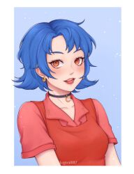 Rule 34 | 1girl, absurdres, artist name, black choker, blue background, blue hair, border, choker, collared shirt, commentary, ear piercing, emily (stardew valley), english commentary, highres, lips, looking at viewer, mugen0017, open mouth, outside border, piercing, pink lips, red eyes, red shirt, red vest, shirt, short hair, short sleeves, simple background, smile, solo, stardew valley, teeth, upper teeth only, vest, white border