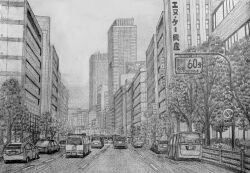 Rule 34 | aorie iroen, building, car, city, cityscape, colored pencil (medium), graphite (medium), highres, motor vehicle, no humans, office, original, real world location, road, road sign, sign, street, traditional media, tree, van
