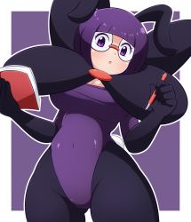 Rule 34 | 1girl, :o, a-ktoo, animal ears, blunt bangs, blush, bob cut, book, breasts, cleavage, commentary request, covered navel, creatures (company), elite four, eyelashes, fake animal ears, fake tail, game freak, glasses, gloves, hands up, highres, holding, holding book, holding pen, leotard, nintendo, open mouth, outline, pantyhose, pen, playboy bunny, pokemon, pokemon bw, purple eyes, purple hair, purple leotard, shauntal (pokemon), short hair, solo, tail