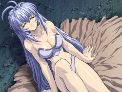 Rule 34 | 1girl, antenna hair, bare shoulders, blanket, blue hair, blush, bra, brave soul, breasts, clare (brave soul), cleavage, closed eyes, game cg, grass, large breasts, lingerie, long hair, mogudan, moon goddess, night, outdoors, panties, sitting, smile, solo, stomach, underwear, underwear only, very long hair