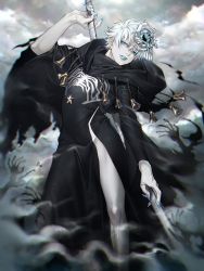 Rule 34 | 1boy, bishounen, blue eyes, blue lips, blue nails, charles-henri sanson (fate), charles-henri sanson (festival outfit) (fate), commentary request, cowboy shot, earrings, fate/grand order, fate (series), formal, ghost hands, hair between eyes, hair ornament, highres, holding, holding weapon, hood, hood down, jewelry, kiki (re 6xxx), lipstick, long sleeves, looking at viewer, makeup, male focus, nail polish, official alternate costume, open mouth, overcast, robe, scythe, short hair, sky, solo, star (symbol), star earrings, sword, thighs, weapon, white hair