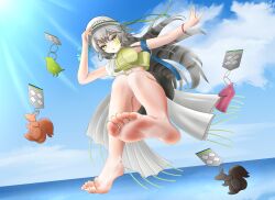 Rule 34 | 1girl, arknights, barefoot, fartooth (arknights), feet, grey hair, hat, highres, long hair, looking at viewer, ming, parted lips, soles, toes, yellow eyes