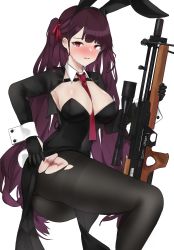 Rule 34 | 1girl, absurdres, alternate costume, animal ears, between breasts, black gloves, black leotard, black pantyhose, blush, breasts, bullpup, cleavage, fake animal ears, feet out of frame, fte (fifteen 199), girls&#039; frontline, gloves, gun, highres, holding, holding gun, holding weapon, leotard, long hair, long sleeves, looking at viewer, medium breasts, necktie, necktie between breasts, open mouth, pantyhose, playboy bunny, purple hair, rabbit ears, red eyes, red necktie, red ribbon, ribbon, rifle, scope, side ponytail, sitting, sniper rifle, solo, tears, torn clothes, torn pantyhose, wa2000 (girls&#039; frontline), walther, walther wa 2000, weapon, white background
