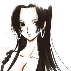 Rule 34 | 1girl, black hair, boa hancock, breasts, cleavage, earrings, female focus, highres, jewelry, long hair, looking at viewer, monochrome, one piece, simple background, solo, white background