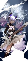 Rule 34 | 1girl, a-soul, absurdres, asymmetrical legwear, ava (a-soul), bare shoulders, black sleeves, blue eyes, breasts, closed mouth, detached sleeves, dress, drill hair, guitar, hair ribbon, highres, holding, holding instrument, instrument, long hair, long sleeves, ribbon, small breasts, twin drills, virtual youtuber, white dress, xe367