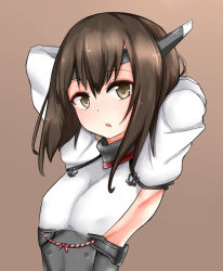 Rule 34 | 10s, 1girl, armpits, arms up, bad id, bad pixiv id, blush, brown eyes, brown hair, flat chest, headband, headgear, kantai collection, looking at viewer, naigou, neneru, open mouth, personification, short hair, solo, taihou (kancolle)