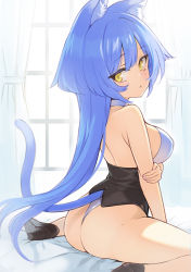 Rule 34 | 1girl, :&lt;, animal ear fluff, animal ears, ass, blue hair, breasts, cat ears, cat tail, character request, choker, commentary, copyright request, curtains, facing away, large breasts, leotard, long hair, looking back, minoa (lastswallow), on bed, partially colored, sitting, solo, strapless, strapless leotard, tail, very long hair, wariza, window, yellow eyes