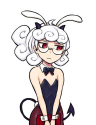 Rule 34 | 1girl, :&lt;, ahoge, alternate costume, animal ears, bare shoulders, black horns, bow, bowtie, commentary request, covered navel, demon horns, demon tail, detached collar, flat chest, glasses, helltaker, holding, horns, leotard, long hair, looking to the side, pandemonica (helltaker), pantyhose, playboy bunny, red eyes, red pantyhose, sideways glance, simple background, solo, strapless, strapless leotard, tail, tsukudani (coke-buta), v arms, white background, white hair, wrist cuffs