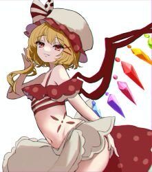 Rule 34 | absurdres, alternate costume, blonde hair, closed mouth, commentary, crystal, fang, flandre scarlet, hat, highres, internet survivor, looking at viewer, medium hair, mikan (manmarumikan), mob cap, navel, one side up, polka dot, red eyes, simple background, touhou, white background, white hat, wings