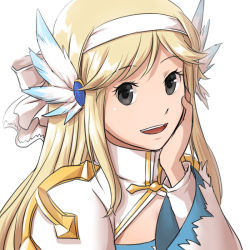 Rule 34 | 1girl, arch bishop (ragnarok online), black eyes, blonde hair, blue dress, blue wings, bow, cleavage cutout, clothing cutout, commentary request, cross, dress, feathered wings, hair bow, hairband, hand on own cheek, hand on own face, head wings, juliet sleeves, long hair, long sleeves, looking at viewer, natsuya (kuttuki), open mouth, puffy sleeves, ragnarok online, simple background, smile, solo, two-tone dress, two-tone wings, upper body, white background, white bow, white dress, white hairband, white wings, wings