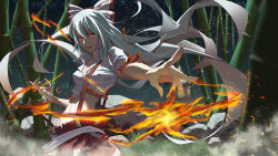 Rule 34 | 1girl, absurdres, bamboo, bamboo forest, bow, burning, burning clothes, chinese commentary, commentary, commentary request, embers, fingernails, fire, forest, fujiwara no mokou, grass, groin, hair bow, hair ribbon, highres, hime cut, lantern, long hair, nature, night, night sky, ofuda, ofuda on clothes, open mouth, pants, pyrokinesis, red eyes, red pants, ribbon, rock, sanyue ye (245457767), shirt, sidelocks, sky, solo, star (sky), suspenders, symbol-only commentary, touhou, very long hair, white hair, white shirt