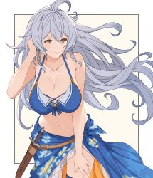 Rule 34 | 1girl, adjusting hair, ahoge, bare shoulders, bikini, bikini top only, braid, breasts, cleavage, collarbone, dagger, granblue fantasy, knife, large breasts, leaning forward, light smile, long hair, looking to the side, navel, sarong, sheath, sheathed, silva (granblue fantasy), silver hair, simple background, solo, swimsuit, twin braids, weapon, wuming, yellow eyes