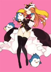 Rule 34 | 1girl, bare shoulders, bird, black dress, black thighhighs, brown hair, dress, elbow gloves, full body, gloves, hat, knees together feet apart, leotard, long hair, looking at viewer, lpip, mawaru penguindrum, neckerchief, no shoes, open clothes, open dress, penguin, penguin 1-gou, penguin 2-gou, penguin 3-gou, pink background, princess of the crystal, purple eyes, red neckerchief, simple background, thighhighs, white leotard
