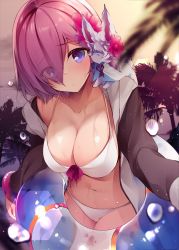 Rule 34 | 1girl, bikini, blush, breasts, cleavage, eyes visible through hair, fate/grand order, fate (series), fou (fate), hair over one eye, innertube, jacket, large breasts, light purple hair, looking at viewer, mash kyrielight, netarou, official alternate costume, open clothes, open jacket, open mouth, palm tree, parted lips, purple eyes, short hair, sky, solo, swim ring, swimsuit, tree, white bikini