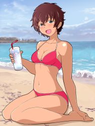 Rule 34 | 1girl, akiyama yoshiko, barefoot, beach, bikini, blue sky, blurry, blurry background, breasts, brown eyes, brown hair, cleavage, commentary, cup, day, depth of field, drinking glass, drinking straw, earrings, girls und panzer, half-closed eyes, highres, holding, holding cup, ice, ice cube, jewelry, looking at viewer, medium breasts, mature female, navel, ocean, open mouth, outdoors, pink bikini, sitting, sky, smile, solo, stud earrings, swimsuit, tan, tanaka rikimaru, tomboy, wariza