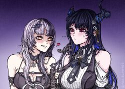 Rule 34 | ..., 2girls, :/, absurdres, ascot, bare shoulders, black ascot, black choker, blush, breasts, choker, cleavage, colored inner hair, demon horns, feeding, fingerless gloves, gloves, gradient background, grin, hair ornament, heart, highres, holding, holding scissors, hololive, hololive english, horns, large breasts, light frown, long hair, looking at another, moaidude003, mole, mole under eye, multicolored hair, multiple girls, nerissa ravencroft, nerissa ravencroft (1st costume), red eyes, scissors, scorpion, shiori novella, shiori novella (1st costume), smile, split-color hair, spoken ellipsis, spoken heart, sweatdrop, teeth, two-tone hair, virtual youtuber, yellow eyes