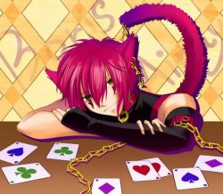 Rule 34 | 1boy, alice in wonderland, animal ears, boris airay, card, cat ears, cat tail, chain, cheshire cat (alice in wonderland), clover, clubs, diamond (gemstone), heart, heart no kuni no alice, male focus, pink hair, smile, solo, spade, table, tail, yellow eyes
