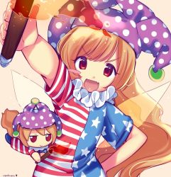 Rule 34 | 1girl, american flag print, american flag shirt, arm up, artist name, blonde hair, blue pants, blue shirt, closed mouth, clownpiece, fairy wings, fire, fumo (doll), hair between eyes, hand on own hip, hand up, hat, jester cap, lisa (faeuna), long hair, looking at viewer, multicolored clothes, multicolored shirt, open mouth, pants, print shirt, purple hat, red eyes, red shirt, shirt, short sleeves, simple background, smile, solo, star (symbol), star print, striped clothes, striped shirt, torch, touhou, white shirt, wings, yellow background