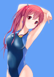 Rule 34 | 10s, 1girl, arena (company), armpits, arms up, blue background, blush, competition swimsuit, free!, goggles, goggles around neck, hair ornament, index finger raised, long hair, matsuoka gou, ok-ray, one-piece swimsuit, ponytail, red eyes, red hair, simple background, smile, solo, swimsuit