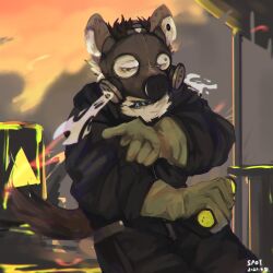 Rule 34 | 1boy, arknights, black eyes, black jacket, black pants, character name, collar, dated, furry, furry male, gas mask, gloves, grey gloves, highres, holding, hood, hooded jacket, hyena boy, jacket, long sleeves, male focus, mask, outdoors, p7ywirzyw8lesuc, pants, pointing, smoke, solo, spot (arknights)