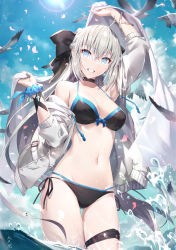 Rule 34 | 1girl, bikini, bird, black bikini, black bow, blue eyes, blue sky, bow, braid, breasts, choker, cleavage, collarbone, drawstring, fate/grand order, fate (series), french braid, gabiran, grey hair, grin, hair bow, highres, hood, hooded jacket, jacket, large breasts, light rays, long hair, long sleeves, morgan le fay (fate), navel, open clothes, open jacket, outdoors, ponytail, seagull, sidelocks, sky, smile, solo focus, swimsuit, thighs, very long hair, white jacket