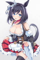 Rule 34 | 1girl, :d, animal ears, black thighhighs, blue eyes, blush, breasts, chitosy, cleavage, corset, detached sleeves, eishin flash (umamusume), frilled skirt, frilled sleeves, frills, german clothes, grey background, hair ribbon, highres, horse ears, horse girl, horse tail, large breasts, looking at viewer, open mouth, red skirt, ribbon, scrunchie, short hair, simple background, skirt, skirt hold, smile, solo, swept bangs, tail, thighhighs, umamusume, walking, zettai ryouiki