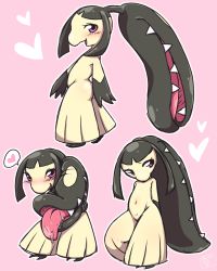 Rule 34 | 1girl, ass, black hair, blush, creatures (company), female focus, from side, full body, game freak, gen 3 pokemon, hands up, heart, highres, looking at viewer, looking away, looking to the side, mawile, multiple views, navel, negoya, nintendo, no humans, open mouth, pink background, pink eyes, pokemon, pokemon (creature), pokemon rse, saliva, sharp teeth, simple background, smile, spoken heart, standing, teeth, tongue, tongue out