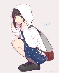 Rule 34 | 1girl, :&gt;, backpack, bag, blush, brown footwear, brown hair, commentary request, dress, from side, fubuki (kancolle), green eyes, grey background, highres, hood, hoodie, kantai collection, long sleeves, looking at viewer, medium hair, nakaaki masashi, polka dot, polka dot dress, shoes, simple background, socks, solo, white hoodie