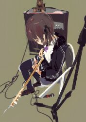 Rule 34 | 1girl, absurdres, amplifier, black jacket, black ribbon, black skirt, black thighhighs, brown background, brown footwear, brown hair, cable, cevio, chair, commentary request, crossed legs, ekaterina (synthesizer v), electric guitar, folding chair, foreshortening, from above, from side, full body, guitar, hair ribbon, highres, holding, holding guitar, holding instrument, hood, hood down, hooded jacket, instrument, jacket, kabuyama kaigi, long hair, looking down, microphone, microphone stand, music, natsuki karin, on chair, playing instrument, profile, ribbon, shirt, shoes, simple background, sitting, skirt, solo, stuffed animal, stuffed toy, synthesizer v, teddy bear, thighhighs, twintails, white shirt