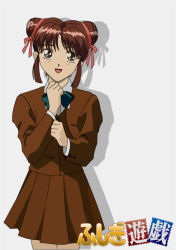 Rule 34 | 1990s (style), blazer, brown hair, double bun, fushigi yuugi, jacket, miniskirt, school uniform, skirt, smile, yuuki miaka