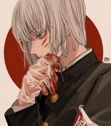 Rule 34 | 1boy, armband, bishounen, black jacket, blood, blood on face, blood on gloves, blood on hands, buttons, closed mouth, commentary, from side, gakuran, gloves, hand on own chin, hand up, high collar, highres, jacket, kagoya1219, male focus, original, plastic gloves, profile, school uniform, short hair, signature, solo, symbol-only commentary, upper body, white background, white hair, yellow eyes
