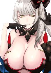 Rule 34 | 1girl, bare shoulders, black dress, black gloves, breasts, cleavage, detached collar, dress, fate/grand order, fate (series), gloves, grin, hair ornament, half gloves, highres, kankitsu kei, large breasts, long hair, looking at viewer, marie antoinette (alter) (fate), marie antoinette (fate), off shoulder, pale skin, side ponytail, silver hair, smile, solo, very long hair, yellow eyes