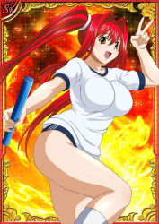 Rule 34 | 00s, 1girl, bare legs, breasts, buruma, card (medium), curvy, female focus, gym uniform, ikkitousen, kanpei, large breasts, long hair, looking at viewer, no bra, red hair, running, shiny skin, smile, twintails, v