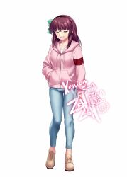 Rule 34 | 1girl, alternate costume, angel beats!, arm at side, black hairband, blunt bangs, blush, brown footwear, casual, closed eyes, closed mouth, commentary, commission, denim, english commentary, full body, green ribbon, hair ribbon, hairband, hand in pocket, highres, hood, hood down, hooded jacket, jacket, jeans, nakamura yuri, paid reward available, pants, pink jacket, purple hair, ribbon, second-party source, sidelocks, signature, simple background, skeb commission, sleeves past wrists, smile, solo, standing, white background, zen (kamuro)