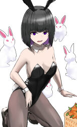 Rule 34 | 1girl, animal ears, black hair, black leotard, blunt bangs, bob cut, breasts, carrot, cleavage, detached collar, fake animal ears, fake tail, highres, leotard, looking at viewer, lztk0, medium breasts, open mouth, original, pantyhose, playboy bunny, purple eyes, rabbit, rabbit ears, rabbit tail, short hair, sideboob, simple background, solo, strapless, strapless leotard, tail, too many, too many rabbits, white background, wrist cuffs