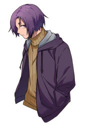 Rule 34 | 1boy, blue lock, closed mouth, hands in pockets, jacket, looking at viewer, male focus, mikage reo, open clothes, open jacket, profile, purple eyes, purple hair, short hair, simple background, solo, sweater, tarou (run), turtleneck, turtleneck sweater, upper body, white background