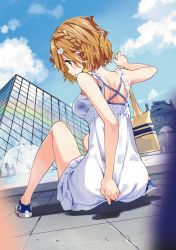 Rule 34 | 1girl, bag, bare legs, blue bra, blue sky, bra, braid, breasts, brown eyes, brown hair, covering privates, covering ass, day, dress, dutch angle, french braid, from behind, garter belt, hair ornament, hairclip, highres, koiwai yoshino, looking back, masamune-kun no revenge, medium breasts, no panties, no socks, outdoors, profile, see-through, shoes, shoulder bag, side braid, sitting, sky, sneakers, solo, tearing up, tiv, underwear, white dress