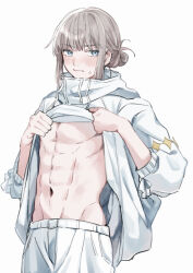 Rule 34 | 1boy, abs, averting eyes, baggy clothes, blonde hair, blue eyes, blush, bow, closed mouth, clothes lift, commentary request, cowboy shot, embarrassed, facing viewer, fate/grand order, fate (series), hair bun, hands up, highres, holding, holding clothes, hood, hood down, jacket, jacket lift, lifted by self, long sleeves, male focus, navel, oberon (fate), pants, pectorals, sausu hitori, short hair, shorts, simple background, solo, sweat, tagme, turtleneck, turtleneck jacket, white background, white bow, white jacket, white pants, white shorts