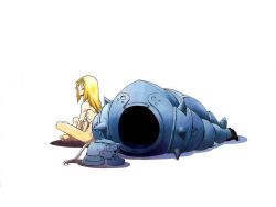 Rule 34 | 1boy, alphonse elric, androgynous, arakawa hiromu, armor, blonde hair, completely nude, covering privates, full armor, full body, fullmetal alchemist, gloves, helmet, crossed legs, long hair, long toenails, looking away, male focus, nude, nude cover, official art, profile, ribs, shadow, simple background, sitting, skinny, solo, spoilers, toenails, white background