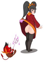 Rule 34 | 1girl, ashley (warioware), ass, black eyes, black hair, black thighhighs, blush, clothes lift, dress, dress lift, feet, female focus, from behind, highres, nintendo, no panties, no shoes, panapaanaa, red (warioware), simple background, solo, sweat, thighhighs, twintails, warioware, white background