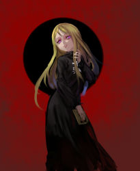 Rule 34 | 1girl, black dress, blonde hair, book, copyright request, dress, hand up, head tilt, holding, holding book, inishie kumo, long dress, long hair, long sleeves, looking at viewer, parted lips, purple eyes, red background, smile, solo, standing