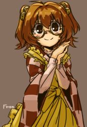 Rule 34 | 1girl, apron, artist name, bell, brown background, brown eyes, checkered clothes, checkered kimono, fran (tukihashi), glasses, hair intakes, hair ornament, japanese clothes, jingle bell, kimono, long sleeves, looking at viewer, motoori kosuzu, orange hair, own hands together, round eyewear, short hair, simple background, solo, touhou, twintails, two side up, wide sleeves