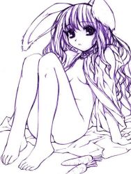 Rule 34 | 1girl, animal ears, barefoot, bottomless, breasts, carrot, feet, ino (magloid), monochrome, open clothes, open shirt, rabbit ears, shirt, sitting, sketch, small breasts, solo, toes, traditional media