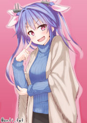 Rule 34 | 10s, 1girl, alternate costume, anti (untea9), blue hair, blush, casual, commentary request, fang, hair ribbon, highres, i-19 (kancolle), kantai collection, looking at viewer, open mouth, pink background, red eyes, ribbed sweater, ribbon, shawl, simple background, smile, solo, star-shaped pupils, star (symbol), sweater, symbol-shaped pupils, twintails, twitter username