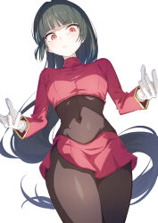 1girl blunt_bangs bodystocking brat_(brabrabrat00) breasts covered_navel creatures_(company) cropped_shirt game_freak gloves grey_hair highres long_hair long_sleeves looking_at_viewer medium_breasts nintendo orange_eyes pencil_skirt pokemon pokemon_frlg red_shirt red_skirt sabrina_(pokemon) shirt skirt thighs white_gloves