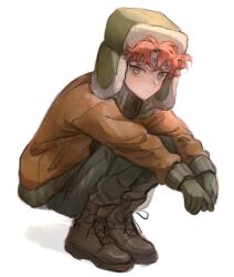 Rule 34 | 1boy, animification, artist name, brown coat, closed mouth, coat, commentary, full body, gloves, green eyes, green gloves, green headwear, kneeling, kyle broflovski, looking at viewer, male focus, red hair, solo, south park, sp toyoill, white background