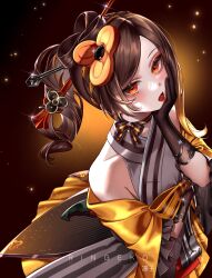Rule 34 | 1girl, absurdres, asymmetrical sidelocks, bare shoulders, black gloves, brown hair, chiori (genshin impact), genshin impact, gloves, grey kimono, hair ornament, hand on own chin, highres, japanese clothes, kimono, long hair, long sleeves, looking at viewer, multicolored hair, obi, red eyes, ringeko-chan, sash, side ponytail, sidelocks, solo, streaked hair, two-tone hair, upper body