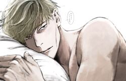 Rule 34 | 1boy, blonde hair, blue eyes, highres, jujutsu kaisen, kyomu (kyochannnm), looking at viewer, male focus, nanami kento, open mouth, pillow, short hair, simple background, solo, speech bubble, topless male, translated, tsurime, upper body, white background